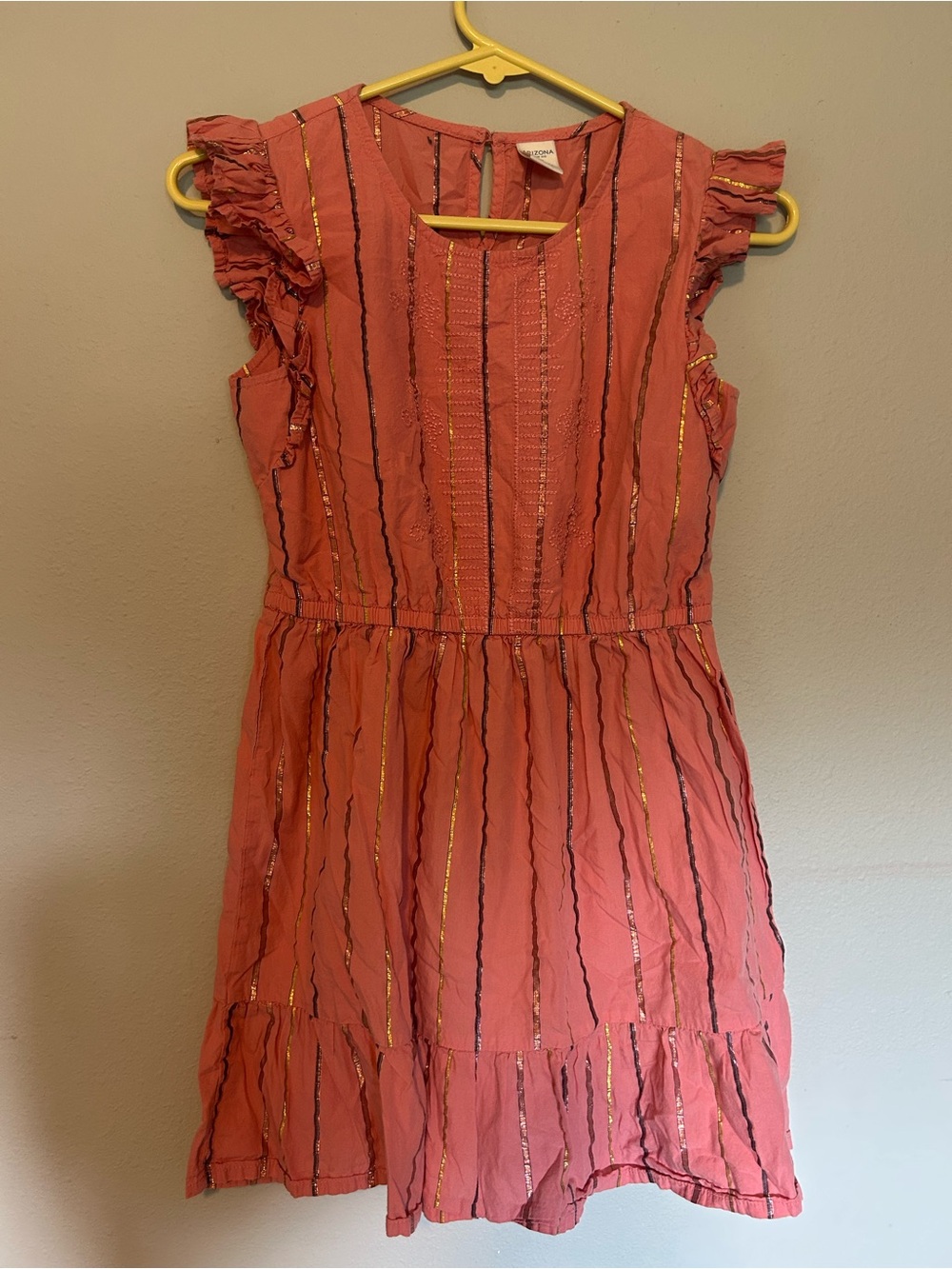 Arizona Girls' Coral Stripe Ruffle Sleeve Dress with Metallic Accents